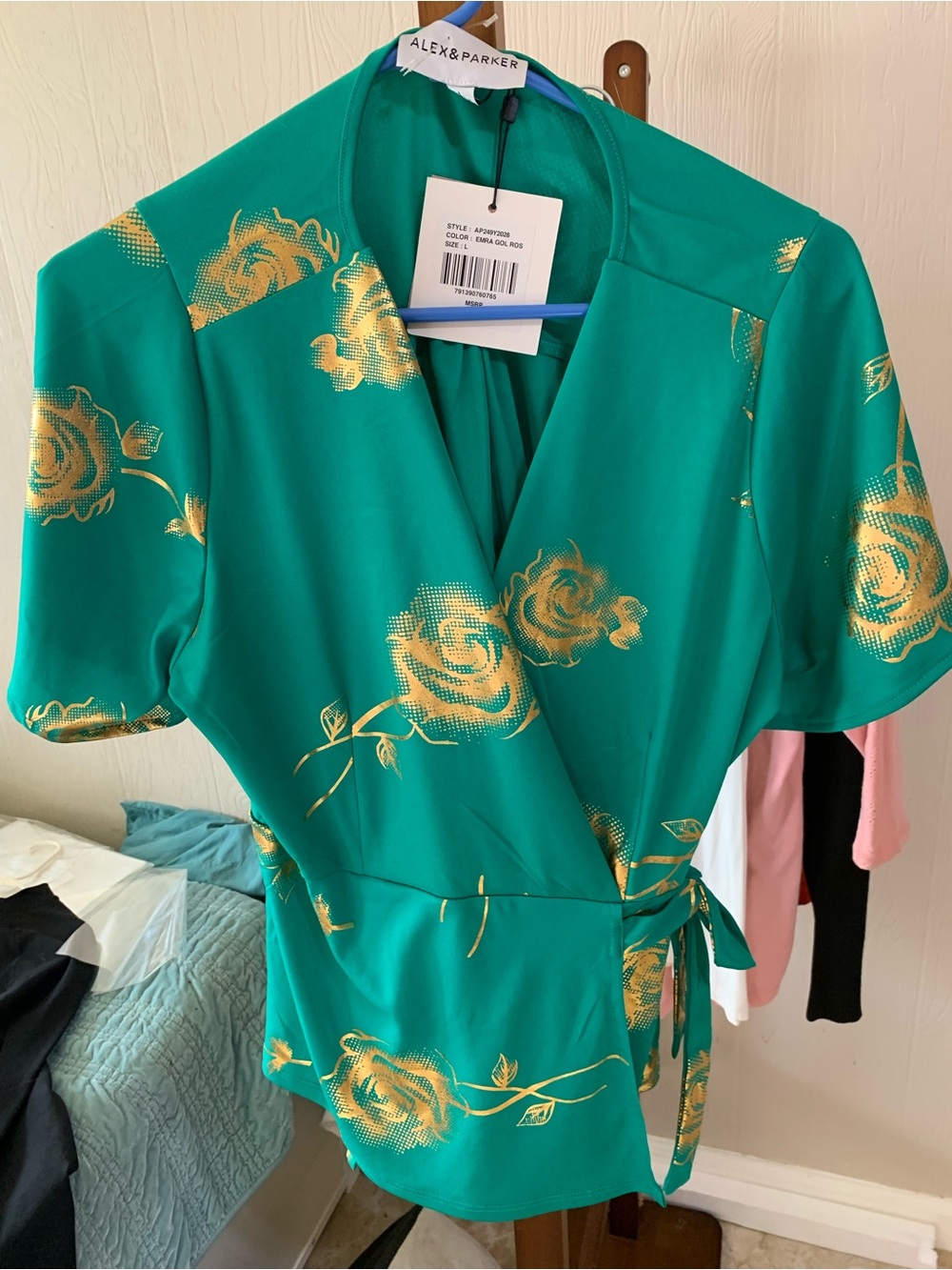 Alex & Parker Emerald Wrap Top with Gold Rose Accent
